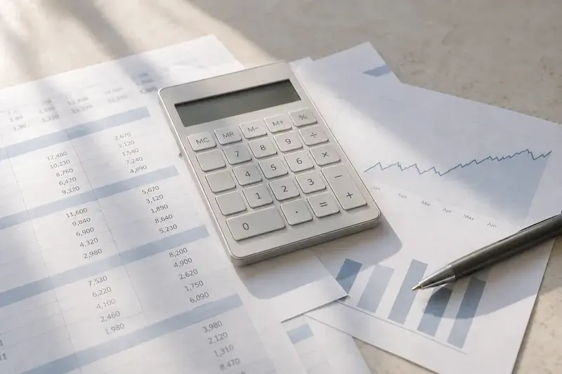 A calculator and pen on spreadsheet printouts with a simple blue chart