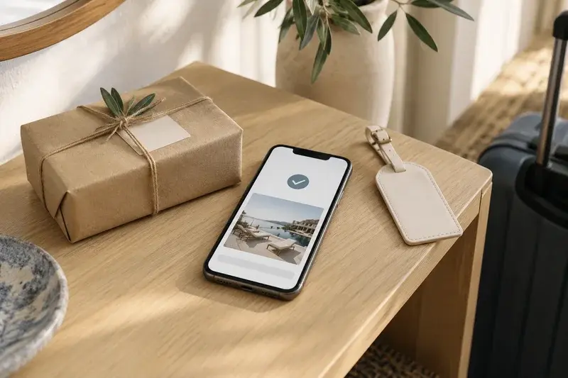 A phone showing a reservation confirmation beside a parcel and a luggage tag