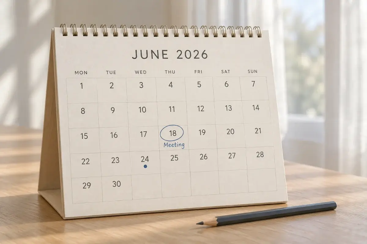 A paper desk calendar with a meeting date circled in blue