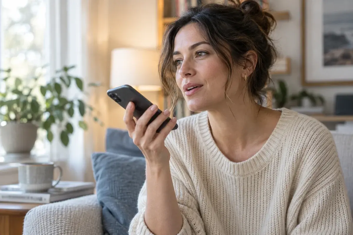 A woman at home speaking into her phone during a voice conversation