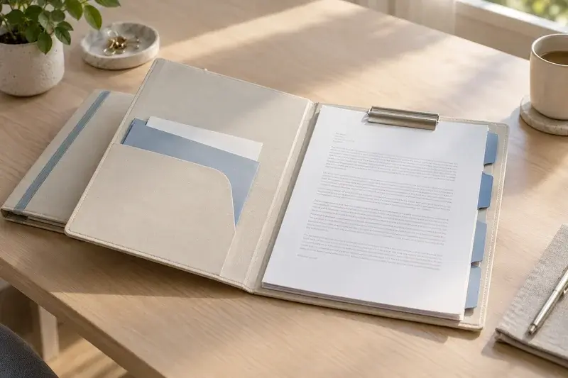 An open cream document folder with neatly clipped papers and blue tabs