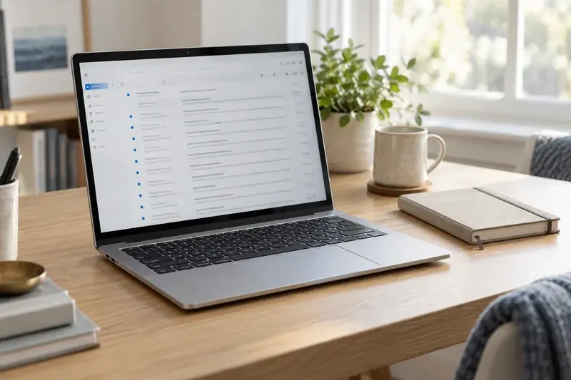 A silver laptop showing an email inbox in a sunlit workspace