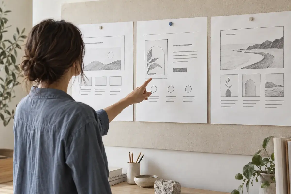 A person comparing three large design sketches on a studio pinboard