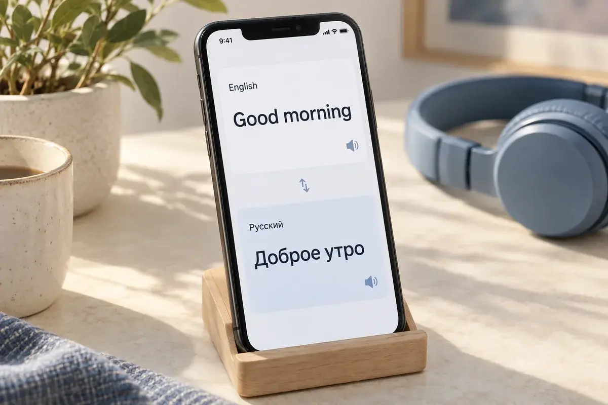 A phone showing Good morning and its Russian translation beside blue headphones