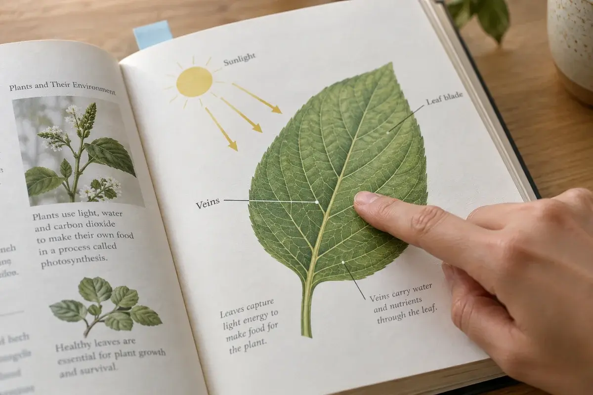 A hand tracing a leaf diagram in an open educational book