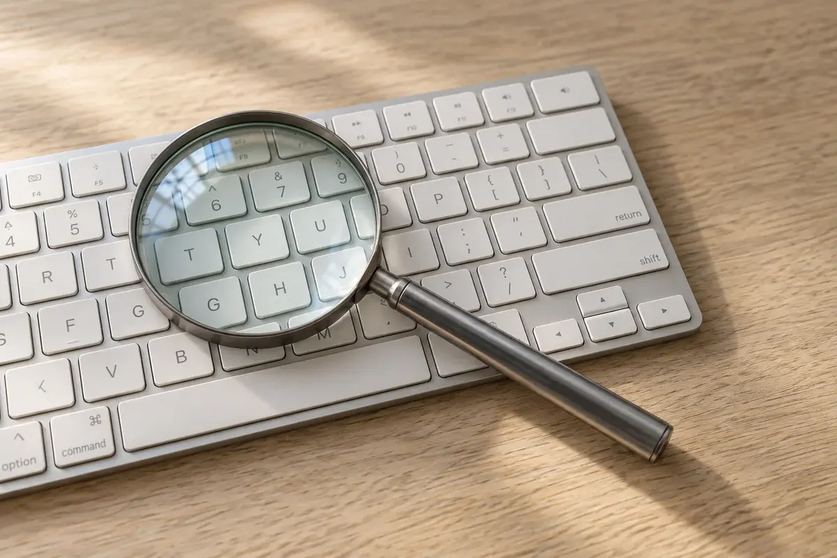 A magnifying glass on a light computer keyboard, suggesting online search