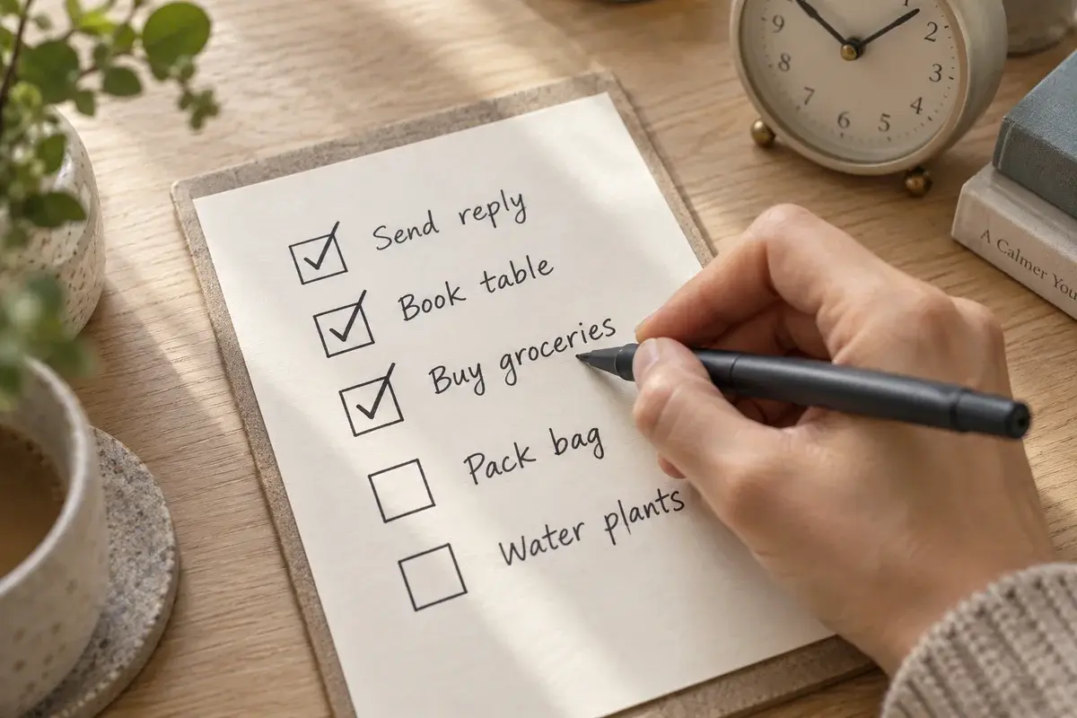 A handwritten to-do list with completed checkboxes, a pen and a desk clock