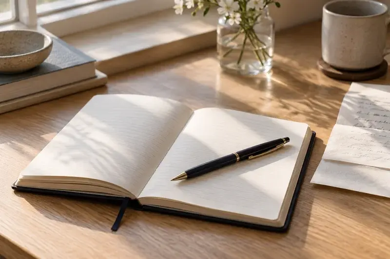 An open notebook and pen in warm window light
